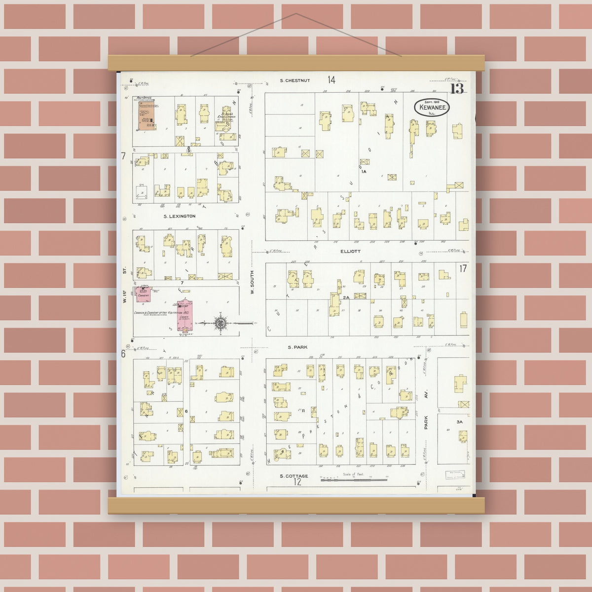 Old map wall art mockup — magnetic wood frame on brick wall — Sanborn Fire Insurance Map from Kewanee, Henry County, Illinois (1910), Sheet #0013