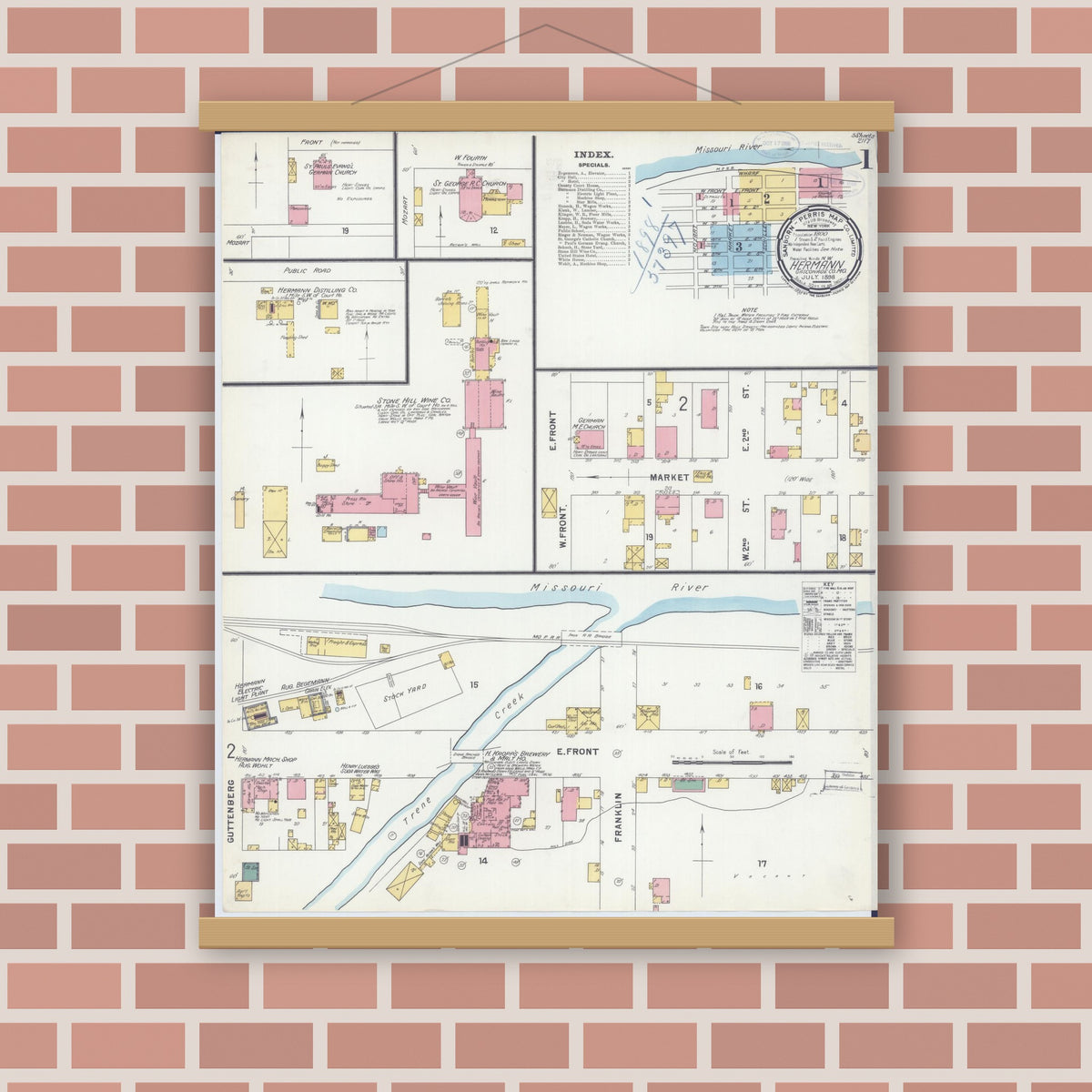 Old map wall art mockup — magnetic wood frame on brick wall — Sanborn Fire Insurance Map from Hermann, Gasconade County, Missouri (1898), Sheet #0001