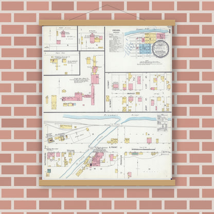 Old map wall art mockup — magnetic wood frame on brick wall — Sanborn Fire Insurance Map from Hermann, Gasconade County, Missouri (1898), Sheet #0001