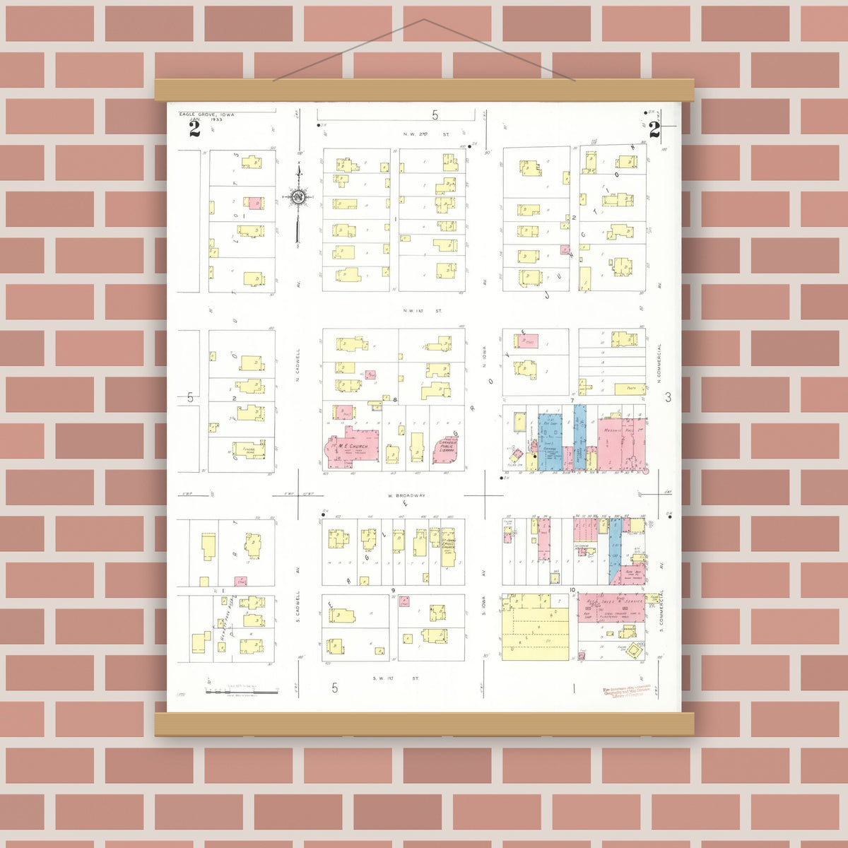 Old map wall art mockup — magnetic wood frame on brick wall — Sanborn Fire Insurance Map from Eagle Grove, Wright County, Iowa (1933), Sheet #0002