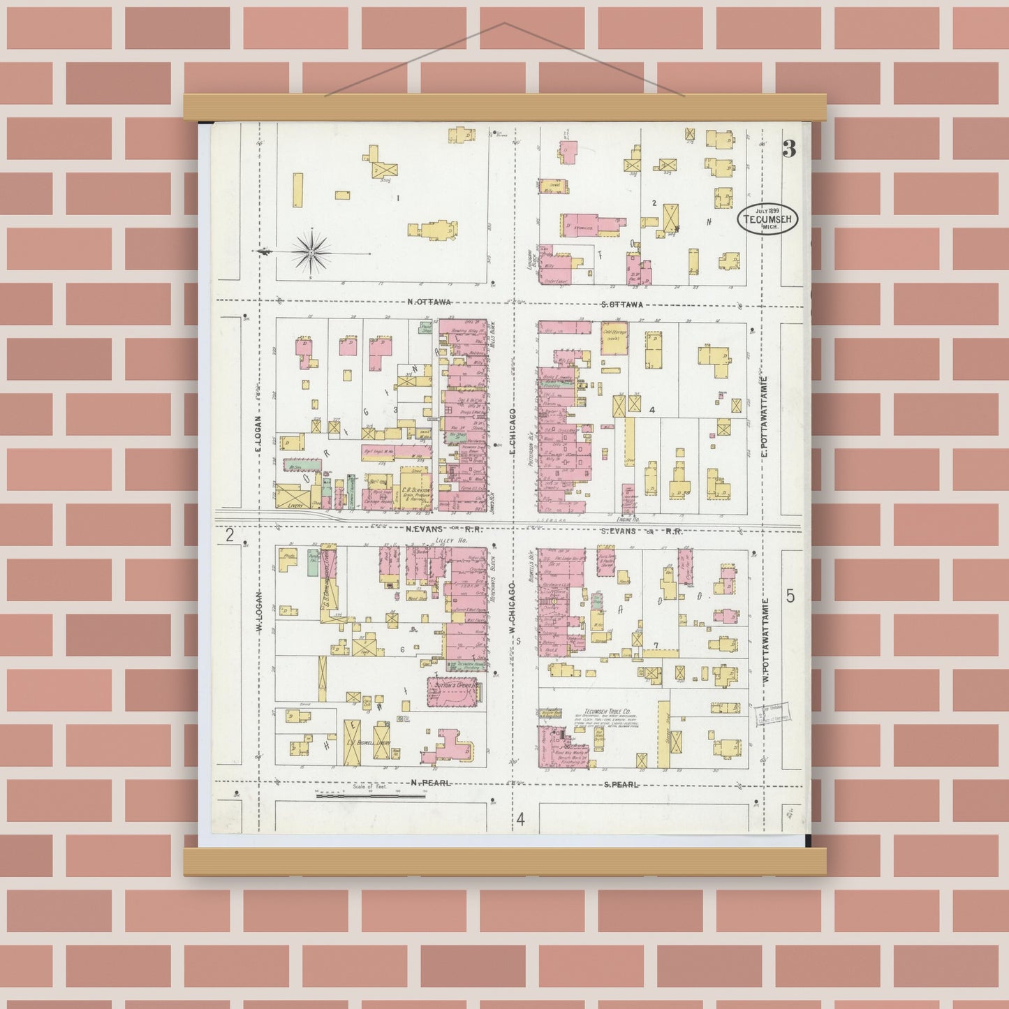 Old map wall art mockup — magnetic wood frame on brick wall — Sanborn Fire Insurance Map from Tecumseh, Lenawee County, Michigan (1899), Sheet #0003