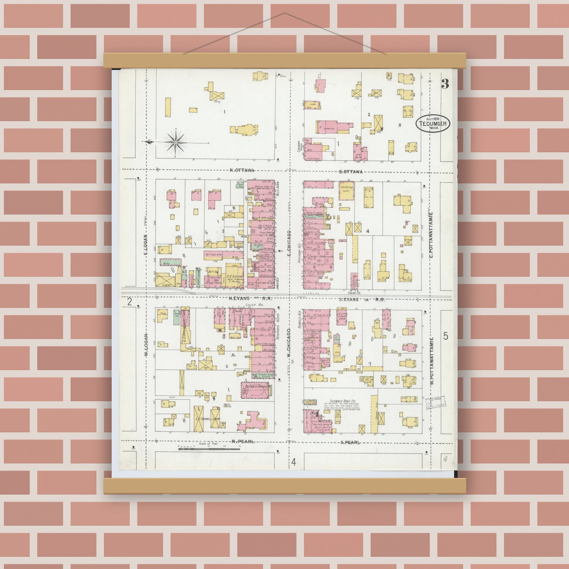 Old map wall art mockup — magnetic wood frame on brick wall — Sanborn Fire Insurance Map from Tecumseh, Lenawee County, Michigan (1899), Sheet #0003