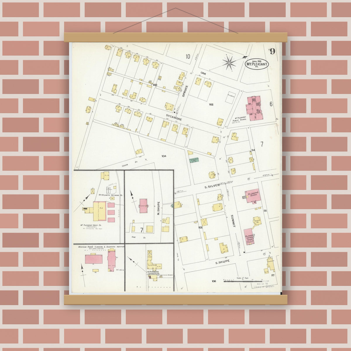 Old map wall art mockup — magnetic wood frame on brick wall — Sanborn Fire Insurance Map from Mount Pleasant, Westmoreland County, Pennsylvania (1908), Sheet #0009