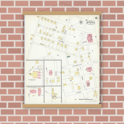 Old map wall art mockup — magnetic wood frame on brick wall — Sanborn Fire Insurance Map from Mount Pleasant, Westmoreland County, Pennsylvania (1908), Sheet #0009