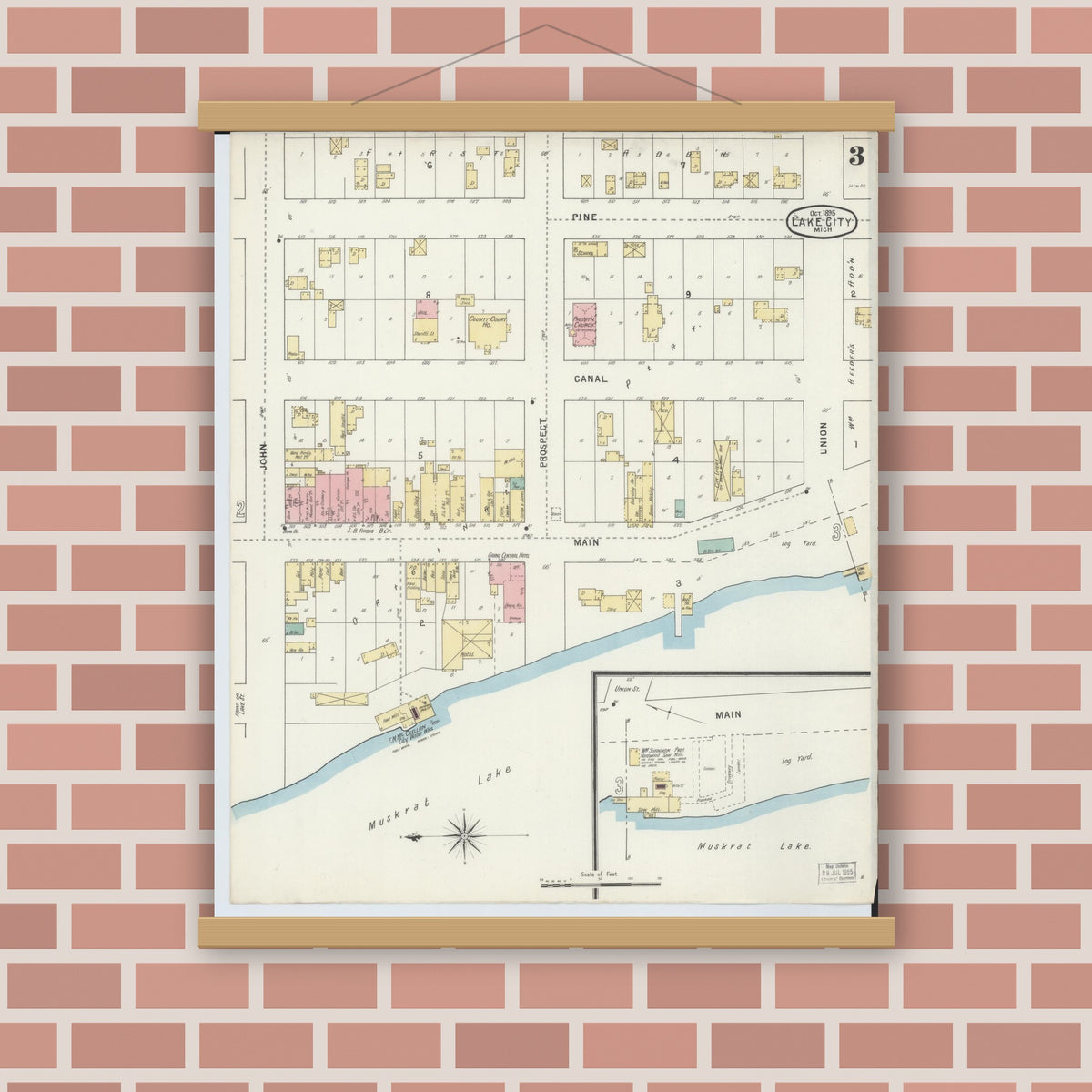 Old map wall art mockup — magnetic wood frame on brick wall — Sanborn Fire Insurance Map from Lake City, Missaukee County, Michigan (1895), Sheet #0003