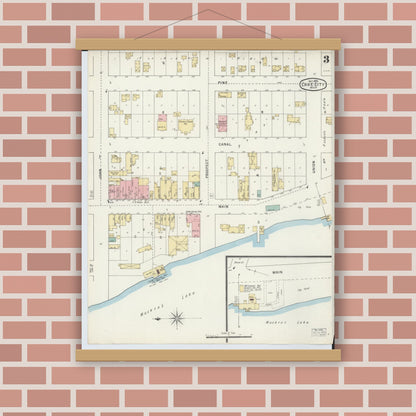 Old map wall art mockup — magnetic wood frame on brick wall — Sanborn Fire Insurance Map from Lake City, Missaukee County, Michigan (1895), Sheet #0003