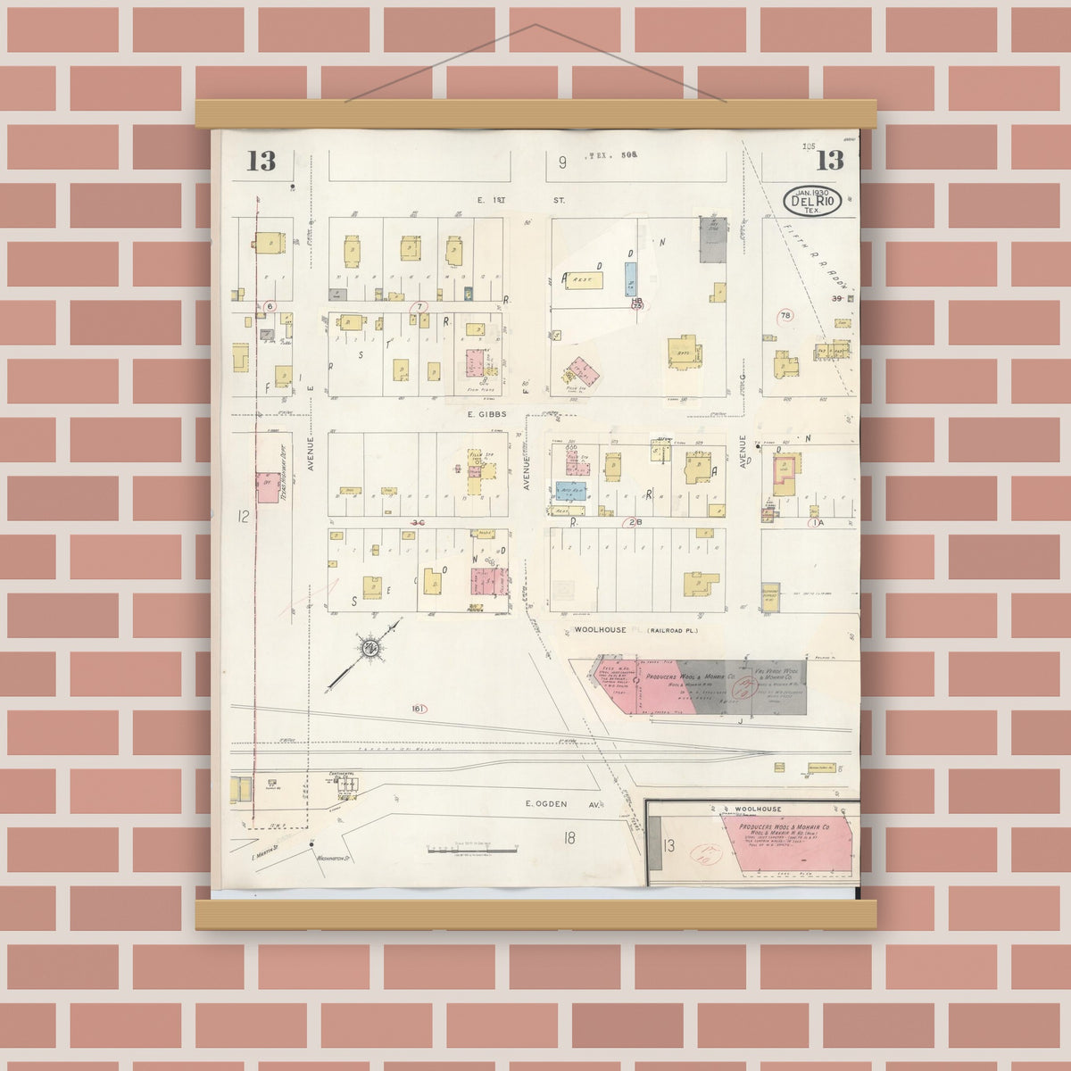 Old map wall art mockup — magnetic wood frame on brick wall — Sanborn Fire Insurance Map from Del Rio, Val Verde County, Texas (1948), Sheet #0013