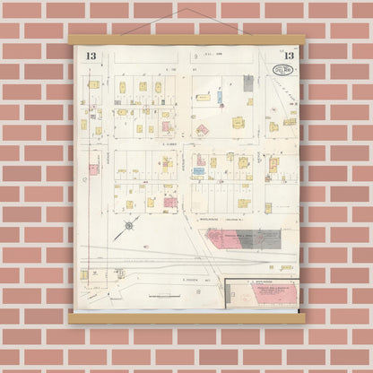 Old map wall art mockup — magnetic wood frame on brick wall — Sanborn Fire Insurance Map from Del Rio, Val Verde County, Texas (1948), Sheet #0013
