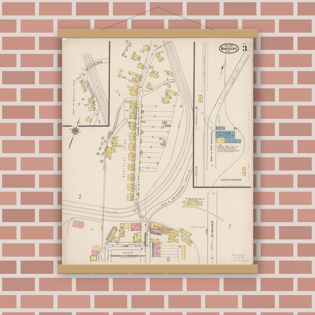 Old map wall art mockup — magnetic wood frame on brick wall — Sanborn Fire Insurance Map from Nanticoke, Luzerne County, Pennsylvania (1920), Sheet #0003