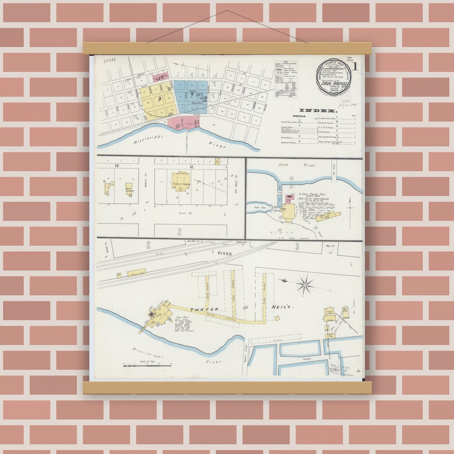 Old map wall art mockup — magnetic wood frame on brick wall — Sanborn Fire Insurance Map from Sauk Rapids, Benton County, Minnesota (1894), Sheet #0001