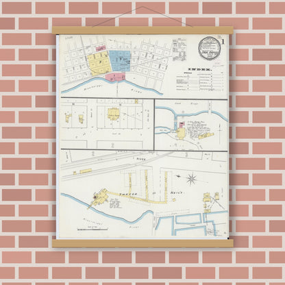 Old map wall art mockup — magnetic wood frame on brick wall — Sanborn Fire Insurance Map from Sauk Rapids, Benton County, Minnesota (1894), Sheet #0001