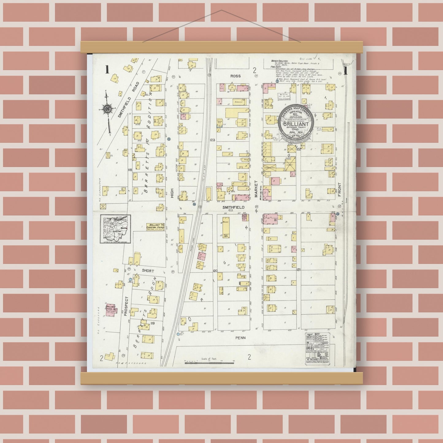 Old map wall art mockup — magnetic wood frame on brick wall — Sanborn Fire Insurance Map from Brilliant, Jefferson County, Ohio (1924), Sheet #0001