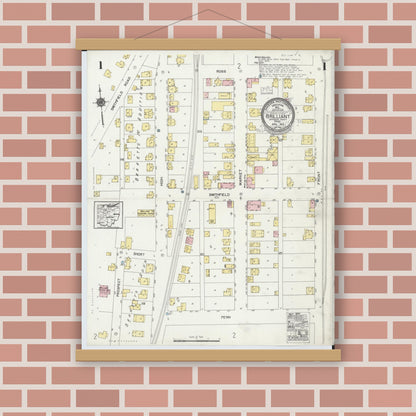 Old map wall art mockup — magnetic wood frame on brick wall — Sanborn Fire Insurance Map from Brilliant, Jefferson County, Ohio (1924), Sheet #0001