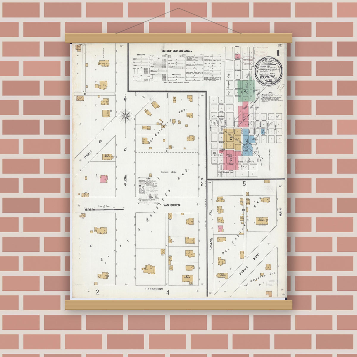 Old map wall art mockup — magnetic wood frame on brick wall — Sanborn Fire Insurance Map from Wyoming, Stark County, Illinois (1899) - Complete Map Set