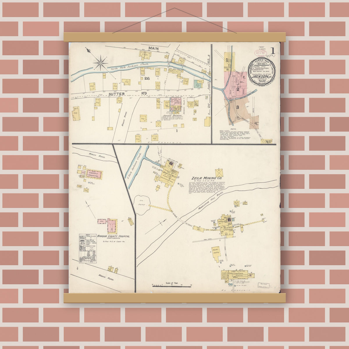 Old map wall art mockup — magnetic wood frame on brick wall — Sanborn Fire Insurance Map from Jackson, Amador County, California (1890) - Complete Map Set