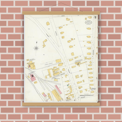 Old map wall art mockup — magnetic wood frame on brick wall — Sanborn Fire Insurance Map from Natick, Middlesex County, Massachusetts (1904), Sheet #0002