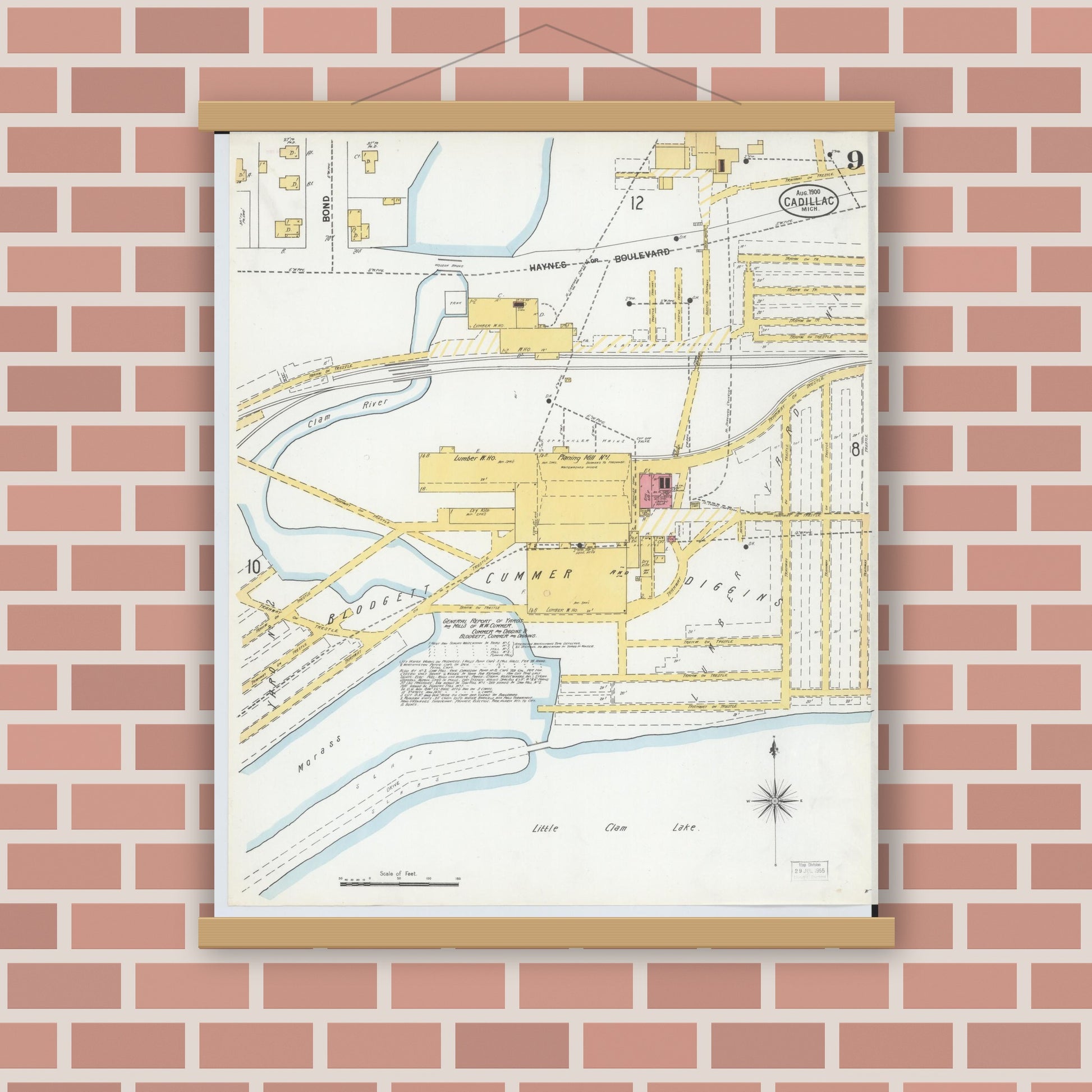 Old map wall art mockup — magnetic wood frame on brick wall — Sanborn Fire Insurance Map from Cadillac, Wexford County, Michigan (1900), Sheet #0009