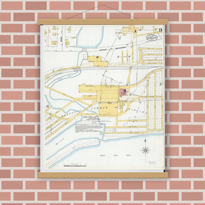 Old map wall art mockup — magnetic wood frame on brick wall — Sanborn Fire Insurance Map from Cadillac, Wexford County, Michigan (1900), Sheet #0009