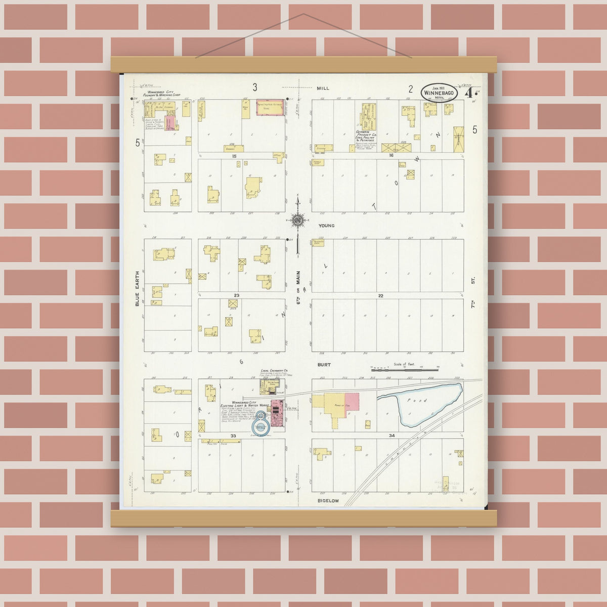 Old map wall art mockup — magnetic wood frame on brick wall — Sanborn Fire Insurance Map from Winnebago, Faribault County, Minnesota (1911), Sheet #0004