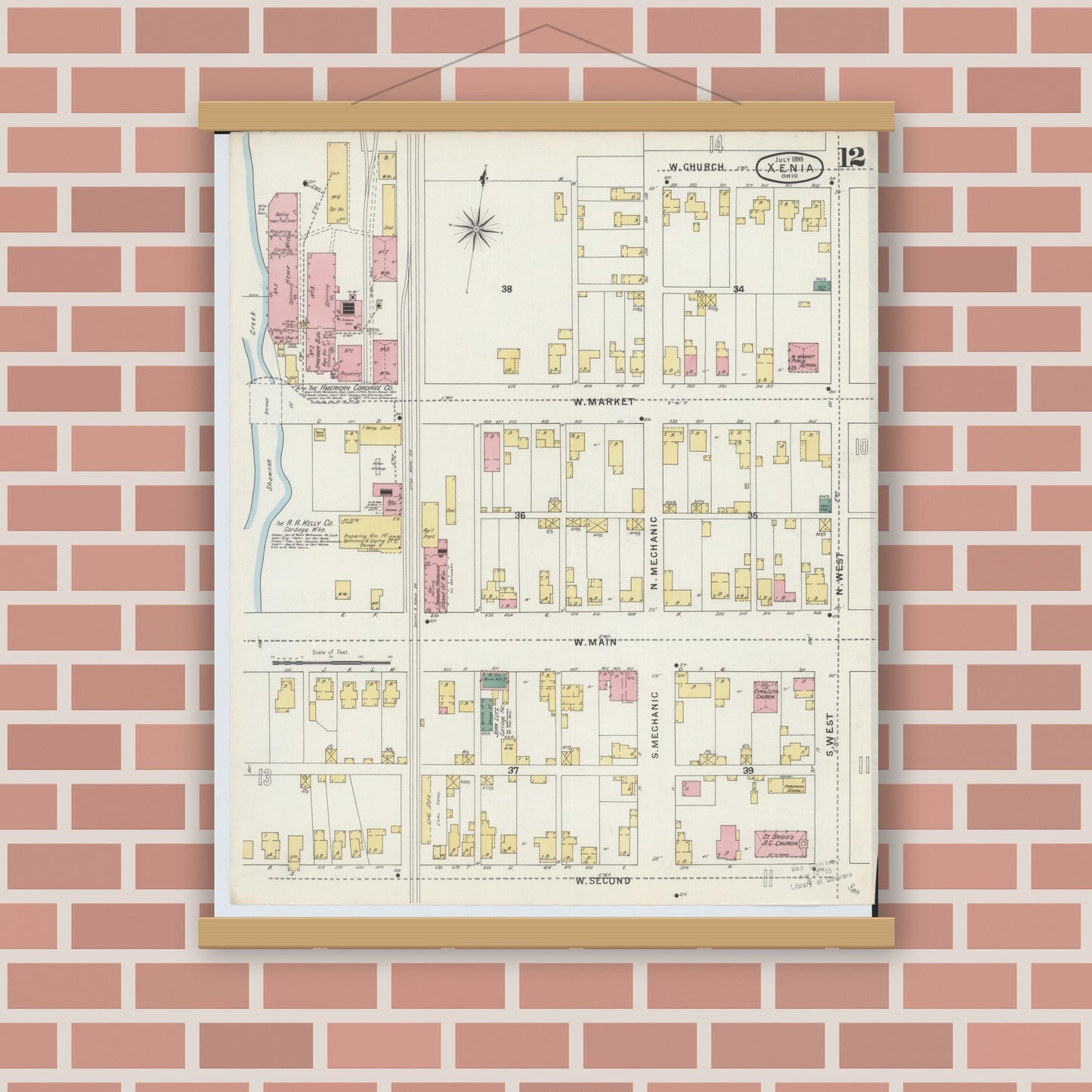 Old map wall art mockup — magnetic wood frame on brick wall — Sanborn Fire Insurance Map from Xenia, Greene County, Ohio (1895), Sheet #0012
