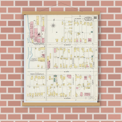 Old map wall art mockup — magnetic wood frame on brick wall — Sanborn Fire Insurance Map from Xenia, Greene County, Ohio (1895), Sheet #0012
