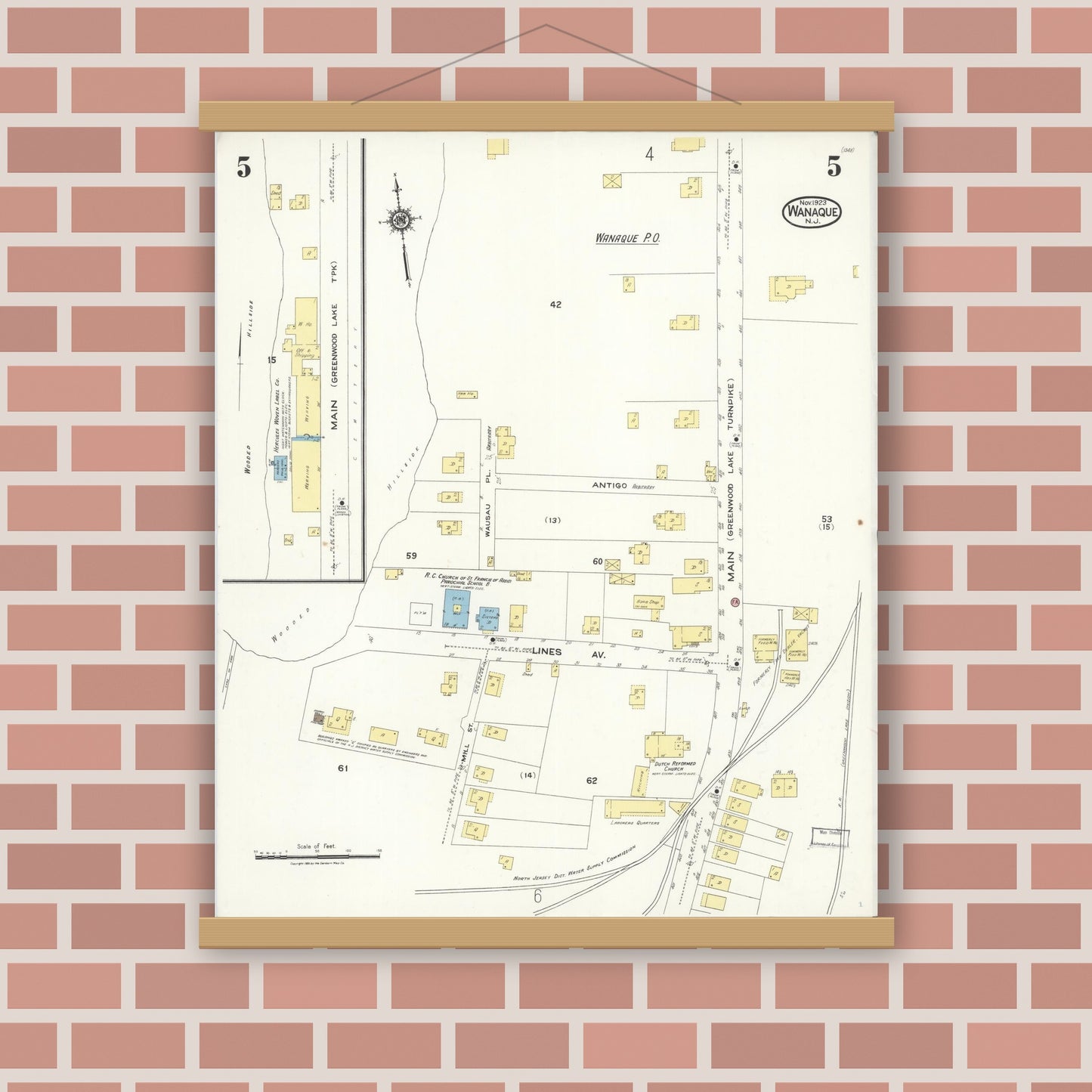 Old map wall art mockup — magnetic wood frame on brick wall — Sanborn Fire Insurance Map from Wanaque, Passaic County, New Jersey (1923), Sheet #0005