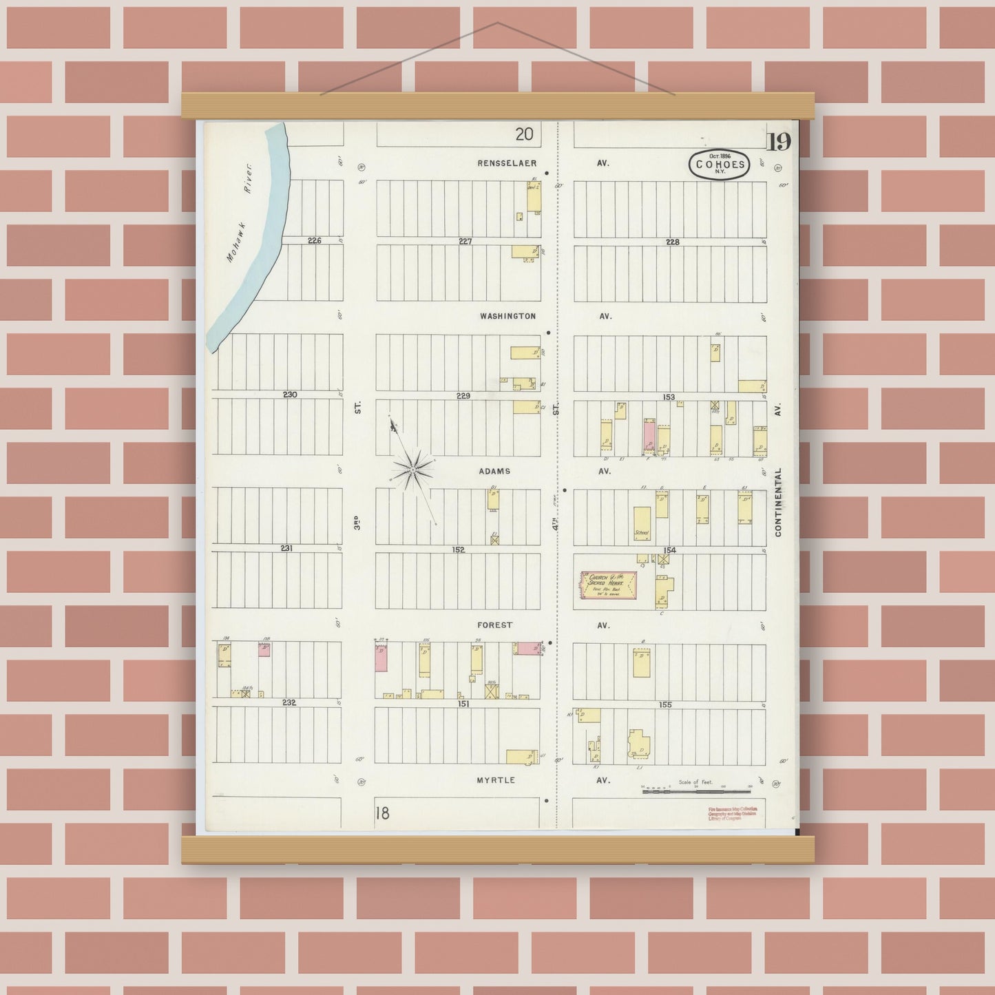 Old map wall art mockup — magnetic wood frame on brick wall — Sanborn Fire Insurance Map from Cohoes, Albany County, New York (1896), Sheet #0019