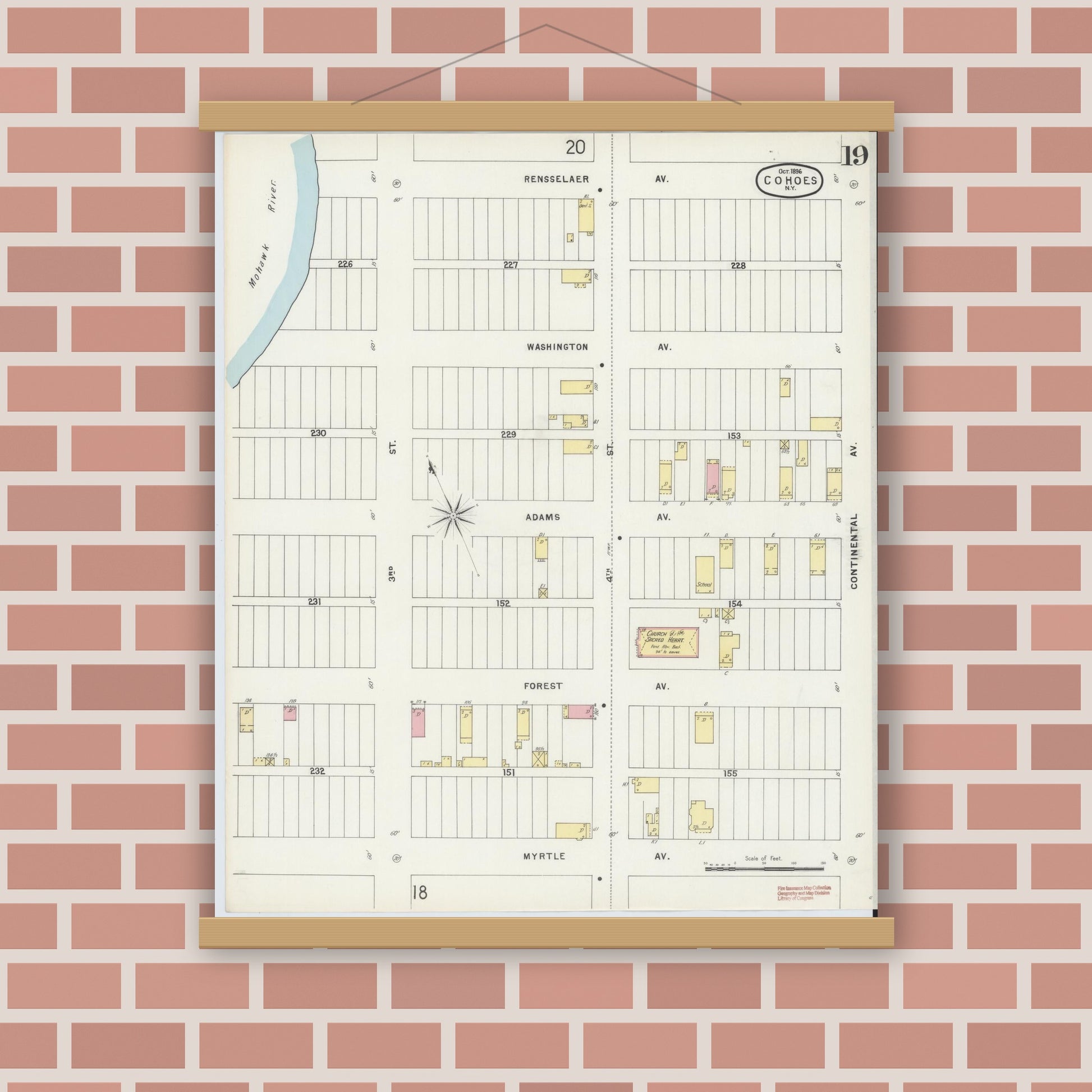 Old map wall art mockup — magnetic wood frame on brick wall — Sanborn Fire Insurance Map from Cohoes, Albany County, New York (1896), Sheet #0019