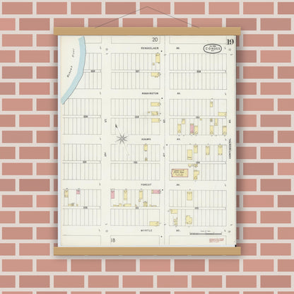 Old map wall art mockup — magnetic wood frame on brick wall — Sanborn Fire Insurance Map from Cohoes, Albany County, New York (1896), Sheet #0019