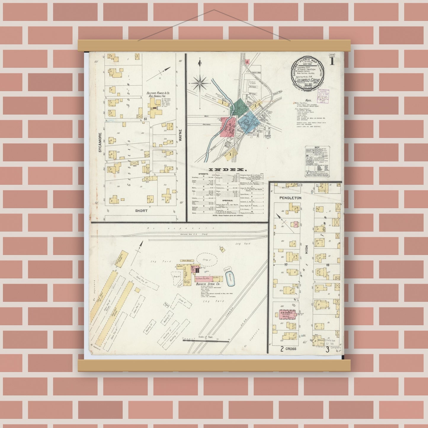 Old map wall art mockup — magnetic wood frame on brick wall — Sanborn Fire Insurance Map from Columbus Grove, Putnam County, Ohio (1901) - Complete Map Set
