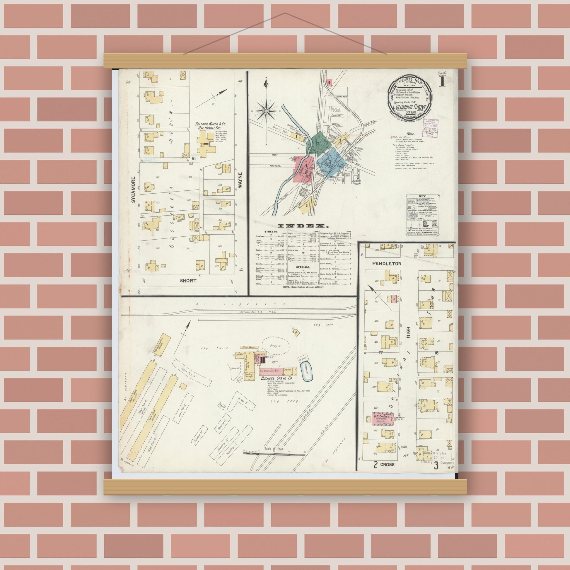 Old map wall art mockup — magnetic wood frame on brick wall — Sanborn Fire Insurance Map from Columbus Grove, Putnam County, Ohio (1901) - Complete Map Set