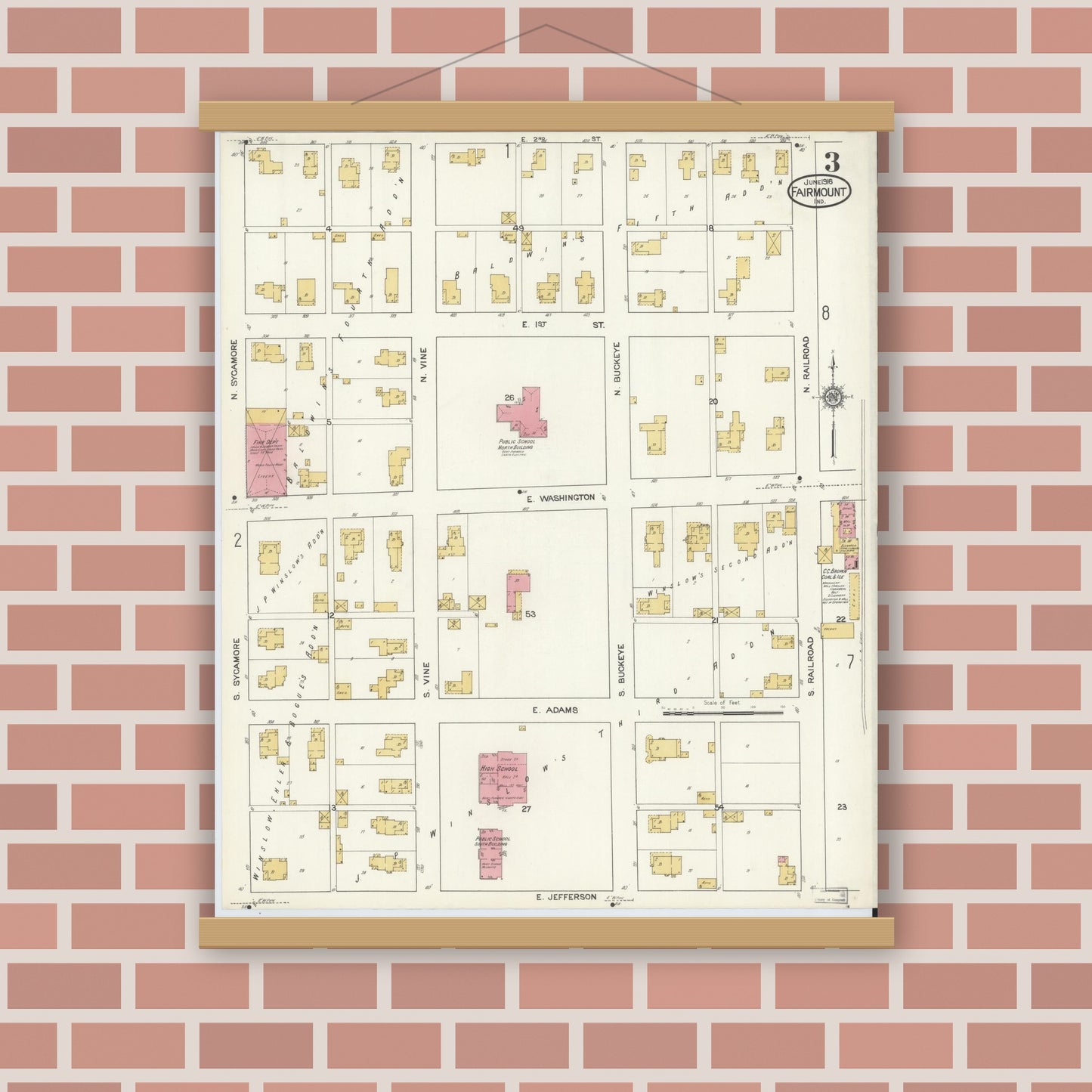 Old map wall art mockup — magnetic wood frame on brick wall — Sanborn Fire Insurance Map from Fairmount, Grant County, Indiana (1916), Sheet #0003