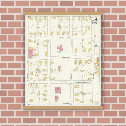 Old map wall art mockup — magnetic wood frame on brick wall — Sanborn Fire Insurance Map from Fairmount, Grant County, Indiana (1916), Sheet #0003