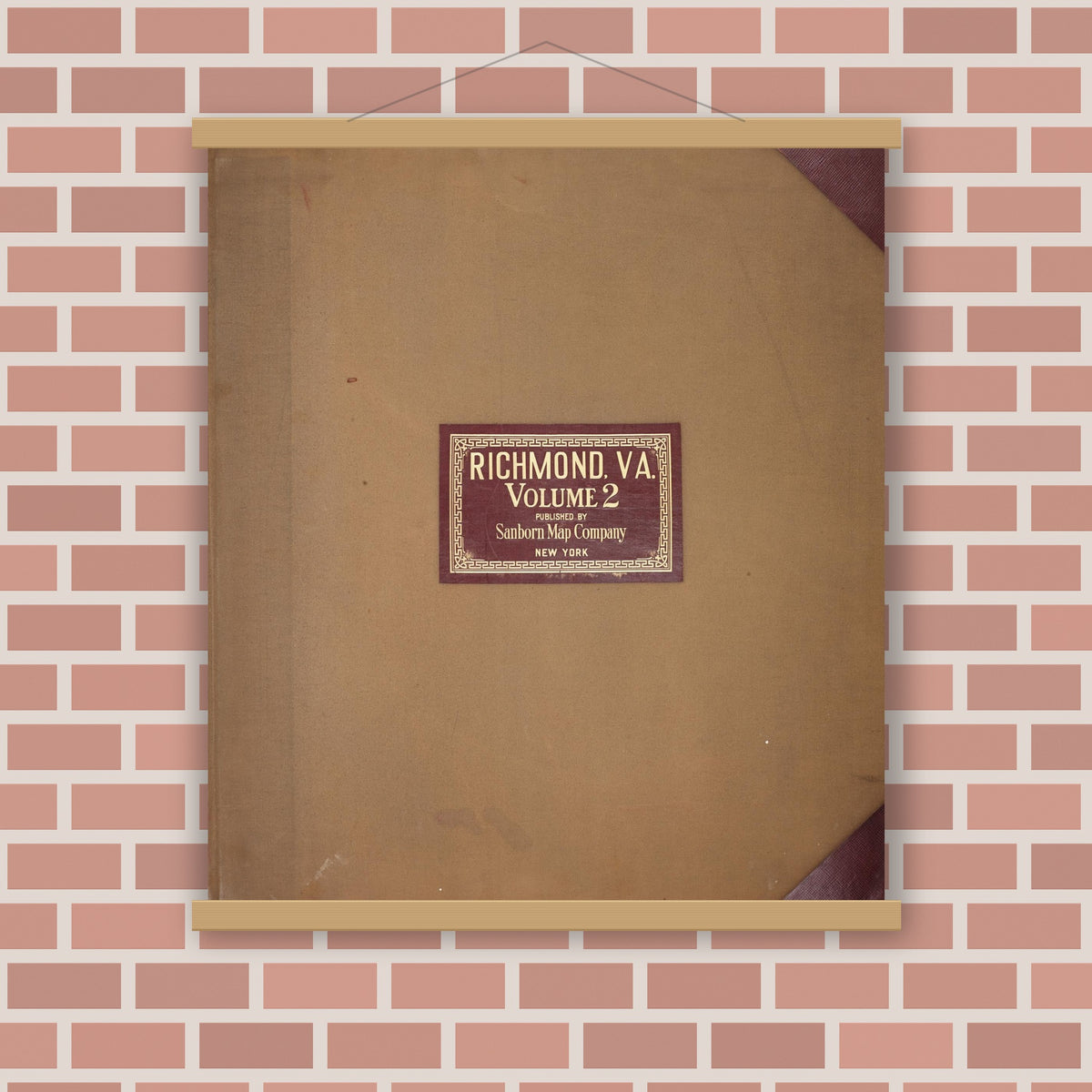 Old map wall art mockup — magnetic wood frame on brick wall — Sanborn Fire Insurance Map from Richmond, Independent Cities, Virginia (1950), Sheet #0001