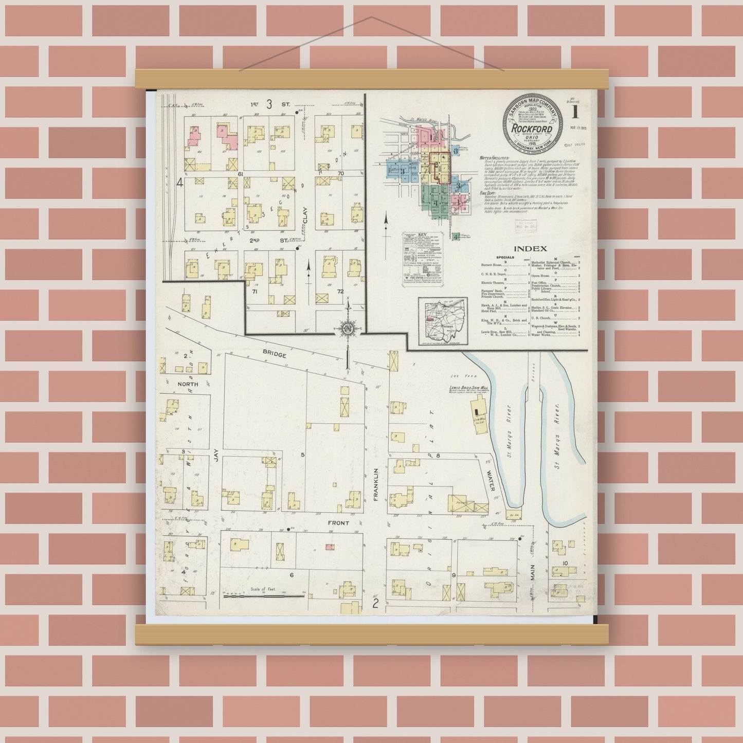 Old map wall art mockup — magnetic wood frame on brick wall — Sanborn Fire Insurance Map from Rockford, Mercer County, Ohio (1915), Sheet #0001
