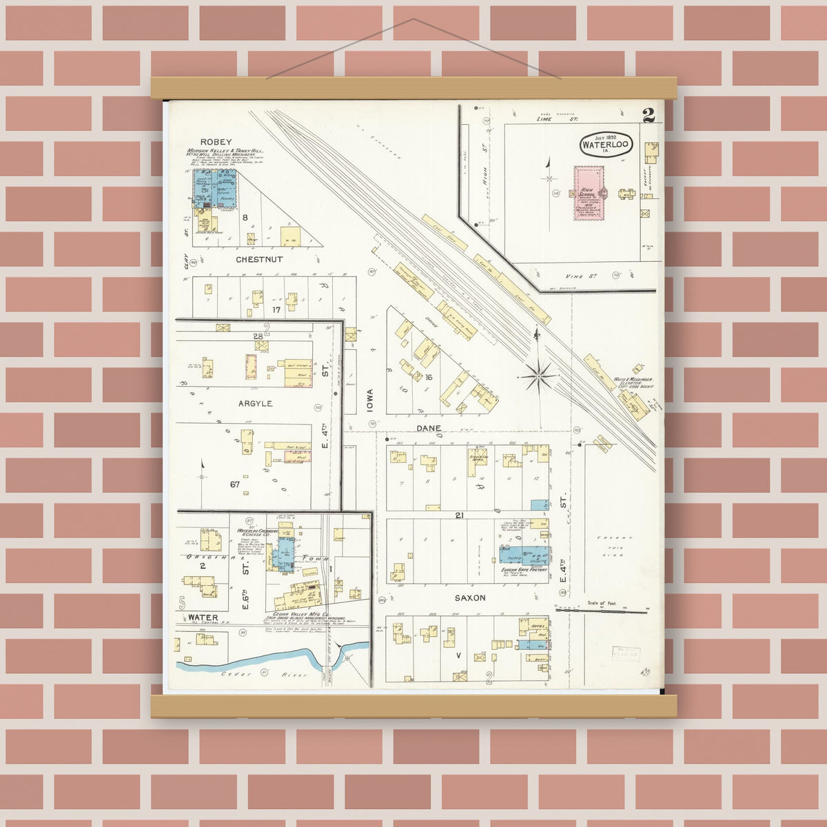 Old map wall art mockup — magnetic wood frame on brick wall — Sanborn Fire Insurance Map from Waterloo, Black Hawk County, Iowa (1892), Sheet #0002
