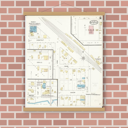 Old map wall art mockup — magnetic wood frame on brick wall — Sanborn Fire Insurance Map from Waterloo, Black Hawk County, Iowa (1892), Sheet #0002