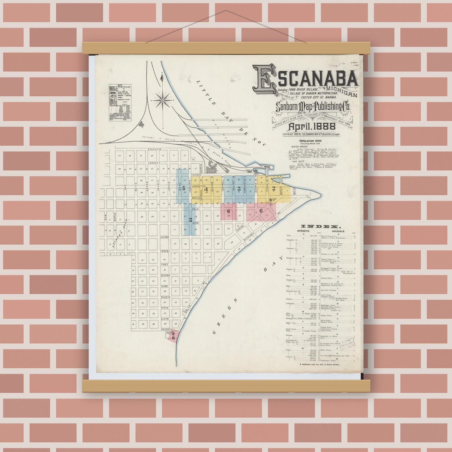 Old map wall art mockup — magnetic wood frame on brick wall — Sanborn Fire Insurance Map from Escanaba, Delta County, Michigan (1888) - Complete Map Set