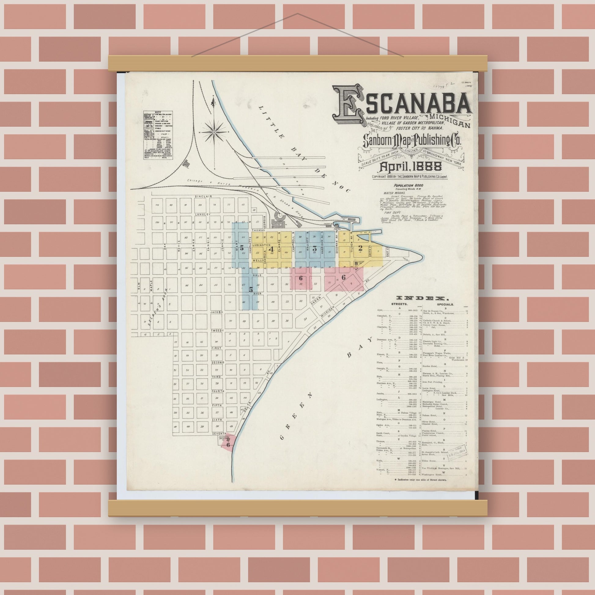 Old map wall art mockup — magnetic wood frame on brick wall — Sanborn Fire Insurance Map from Escanaba, Delta County, Michigan (1888) - Complete Map Set