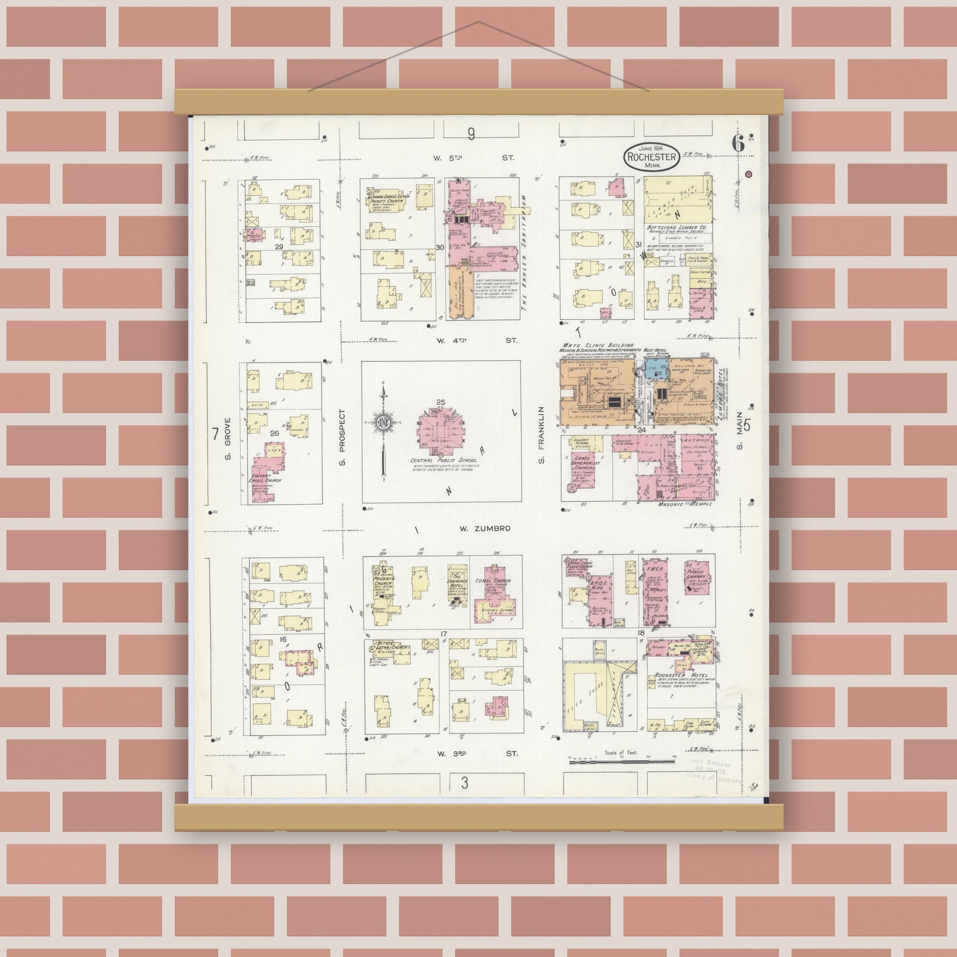 Old map wall art mockup — magnetic wood frame on brick wall — Sanborn Fire Insurance Map from Rochester, Olmsted County, Minnesota (1914), Sheet #0006
