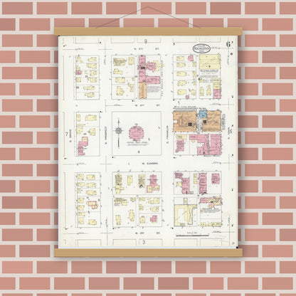 Old map wall art mockup — magnetic wood frame on brick wall — Sanborn Fire Insurance Map from Rochester, Olmsted County, Minnesota (1914), Sheet #0006
