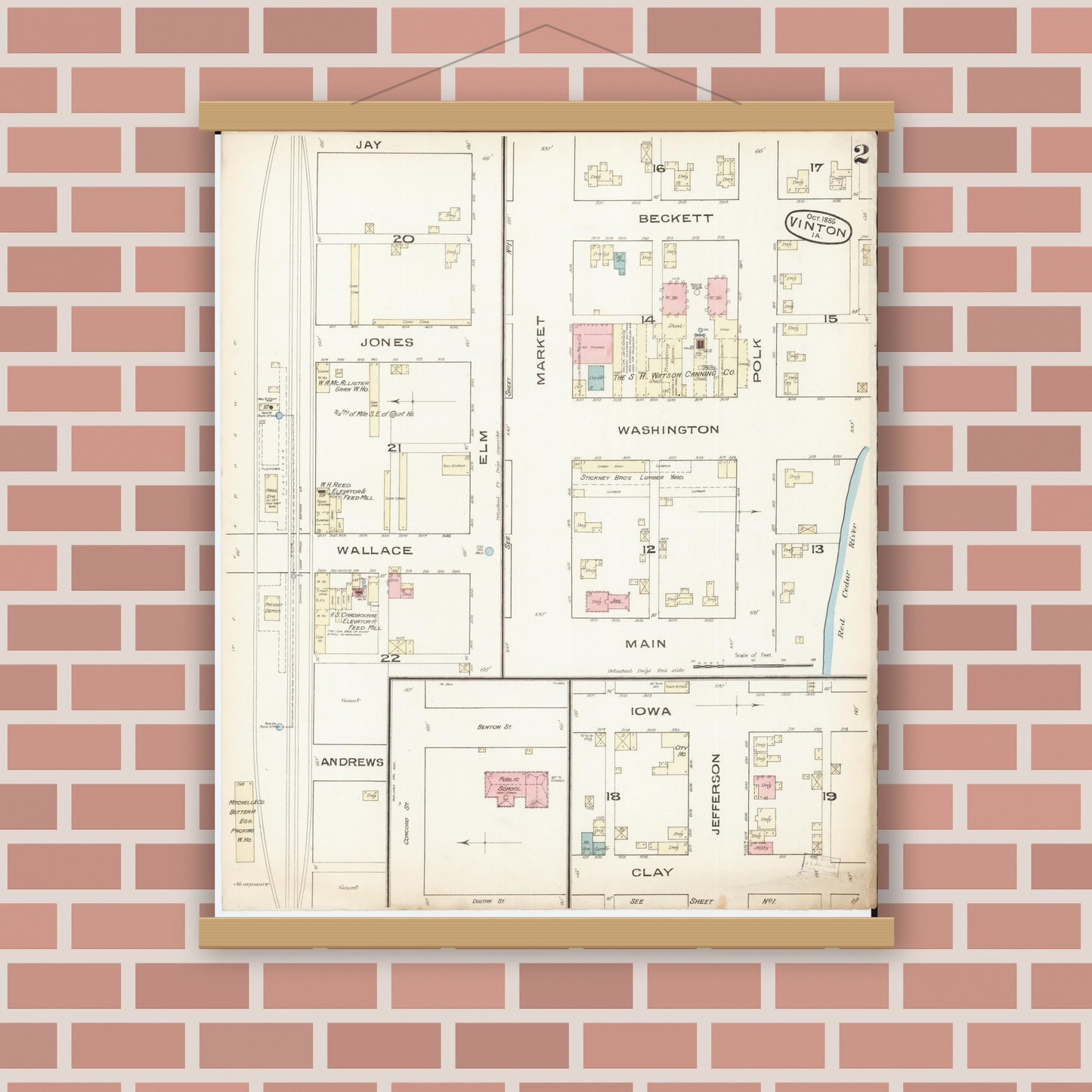 Old map wall art mockup — magnetic wood frame on brick wall — Sanborn Fire Insurance Map from Vinton, Benton County, Iowa (1885), Sheet #0002