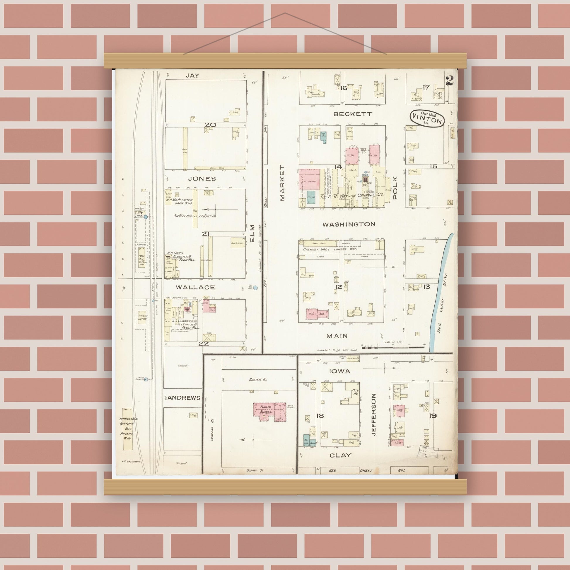 Old map wall art mockup — magnetic wood frame on brick wall — Sanborn Fire Insurance Map from Vinton, Benton County, Iowa (1885), Sheet #0002