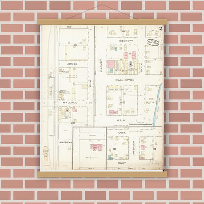 Old map wall art mockup — magnetic wood frame on brick wall — Sanborn Fire Insurance Map from Vinton, Benton County, Iowa (1885), Sheet #0002