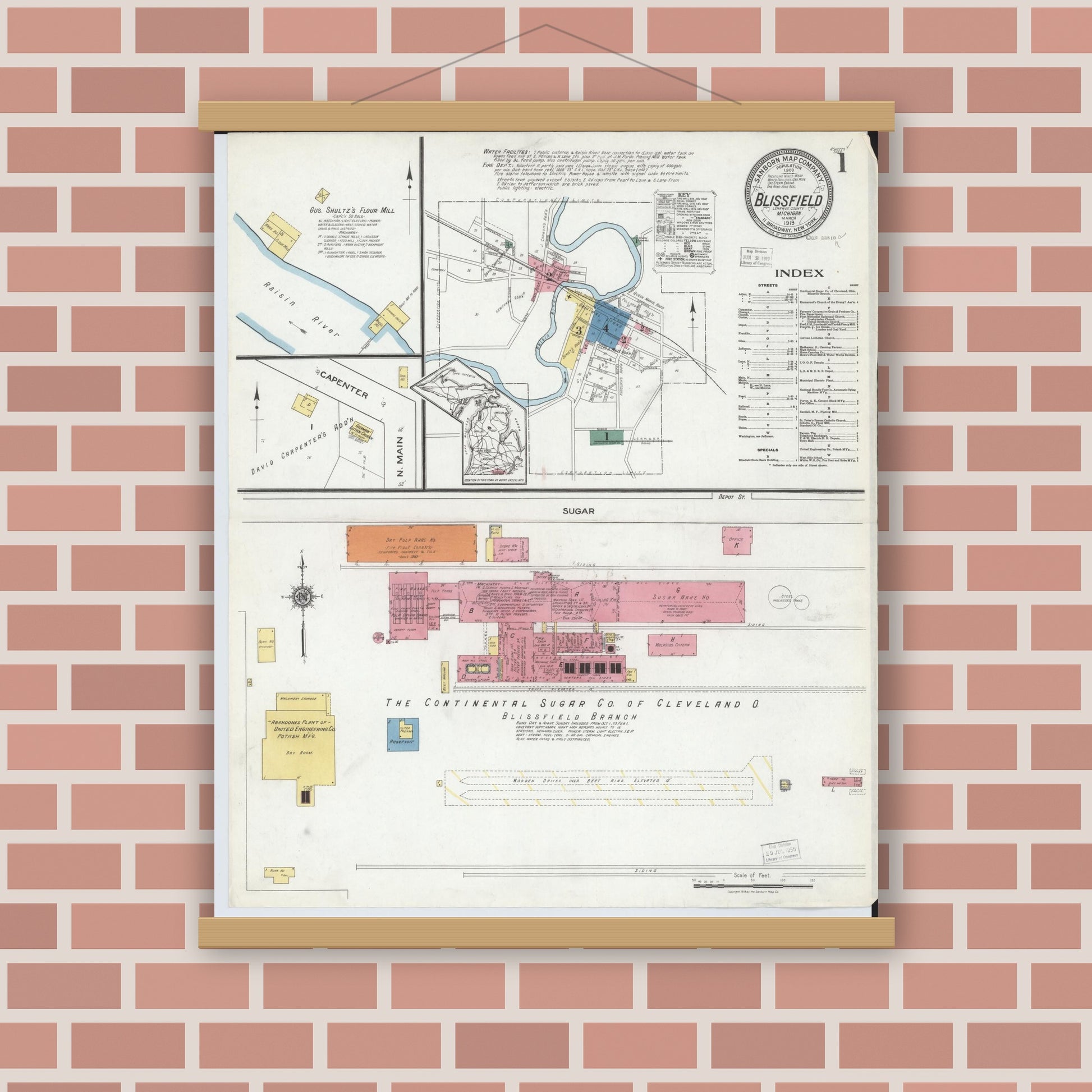 Old map wall art mockup — magnetic wood frame on brick wall — Sanborn Fire Insurance Map from Blissfield, Lenawee County, Michigan (1919), Sheet #0001