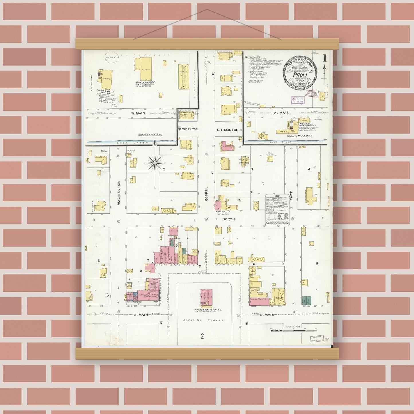 Old map wall art mockup — magnetic wood frame on brick wall — Sanborn Fire Insurance Map from Paoli, Orange County, Indiana (1909) - Complete Map Set