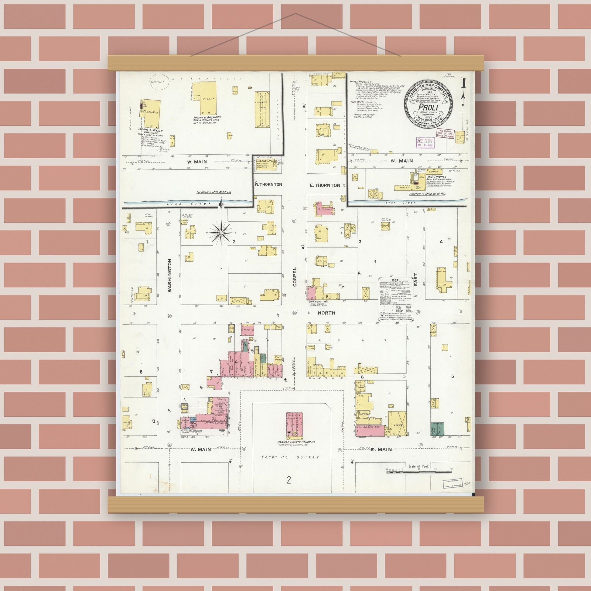 Old map wall art mockup — magnetic wood frame on brick wall — Sanborn Fire Insurance Map from Paoli, Orange County, Indiana (1909) - Complete Map Set