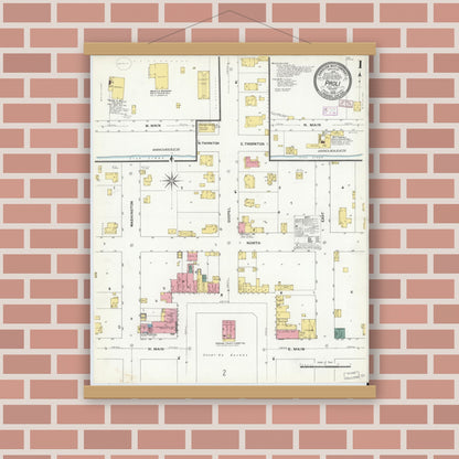 Old map wall art mockup — magnetic wood frame on brick wall — Sanborn Fire Insurance Map from Paoli, Orange County, Indiana (1909) - Complete Map Set