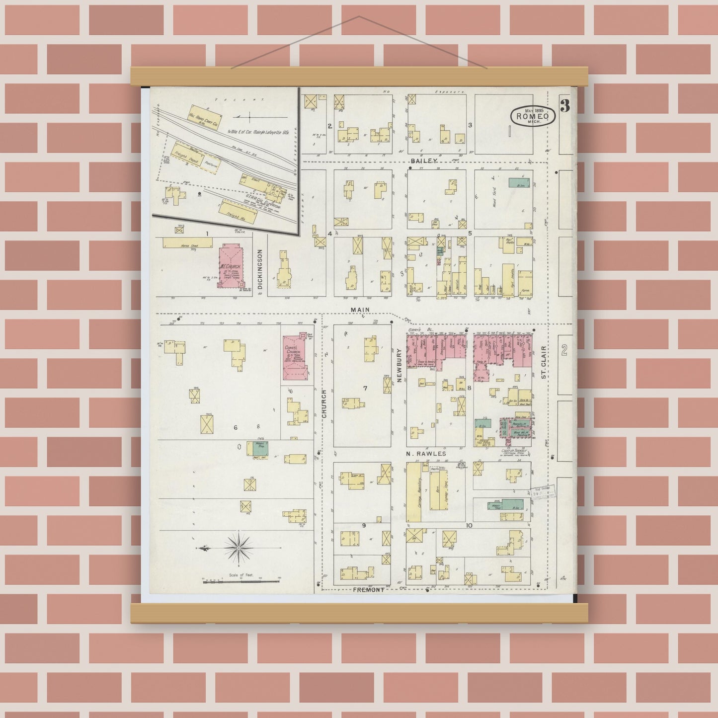Old map wall art mockup — magnetic wood frame on brick wall — Sanborn Fire Insurance Map from Romeo, Macomb County, Michigan (1895), Sheet #0003