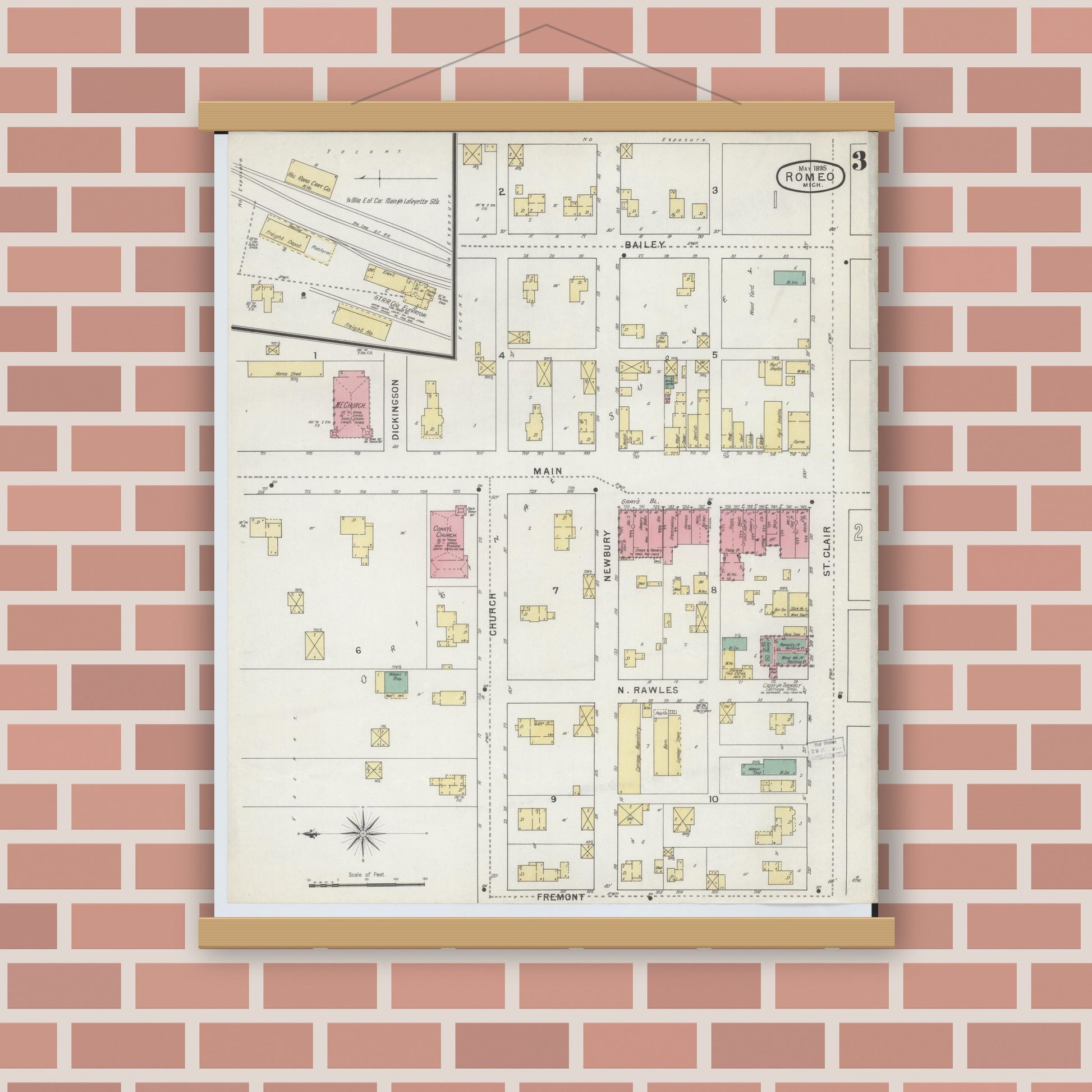 Old map wall art mockup — magnetic wood frame on brick wall — Sanborn Fire Insurance Map from Romeo, Macomb County, Michigan (1895), Sheet #0003